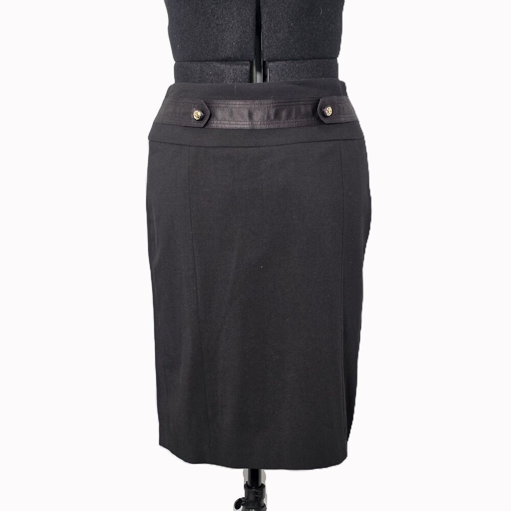 Alfani Pleated Pencil Skirt Womens 6 Black Satin Trim Panel Tailored Lined Gored